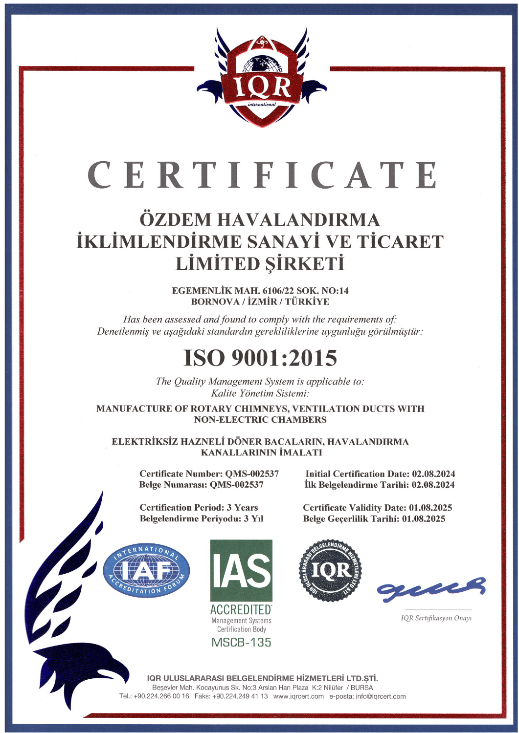ÖZDEM HAVALANDIRMA IAS 9001-1